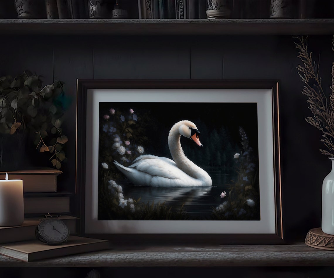 White Swan on Dark Water Surrounded by Night Blooms Art Print - Image 3
