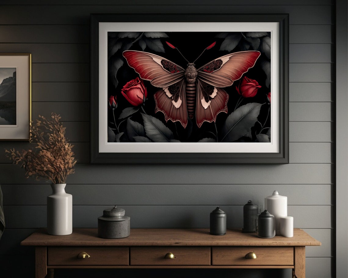 Dark Gothic Moth with Red Roses Moody Dark Insect Art Poster - Image 2