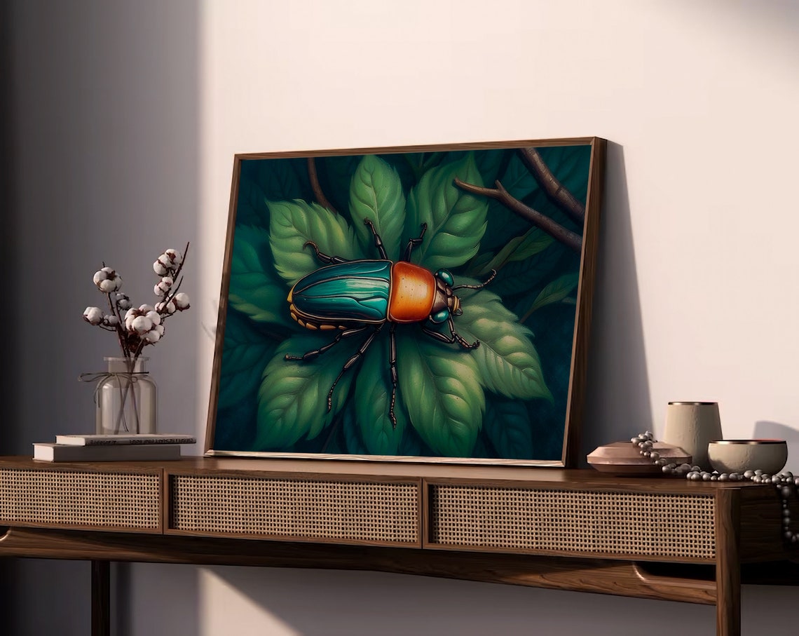 Iridescent Jewel Beetle on Green Leaves Entomology Art Print - Image 4
