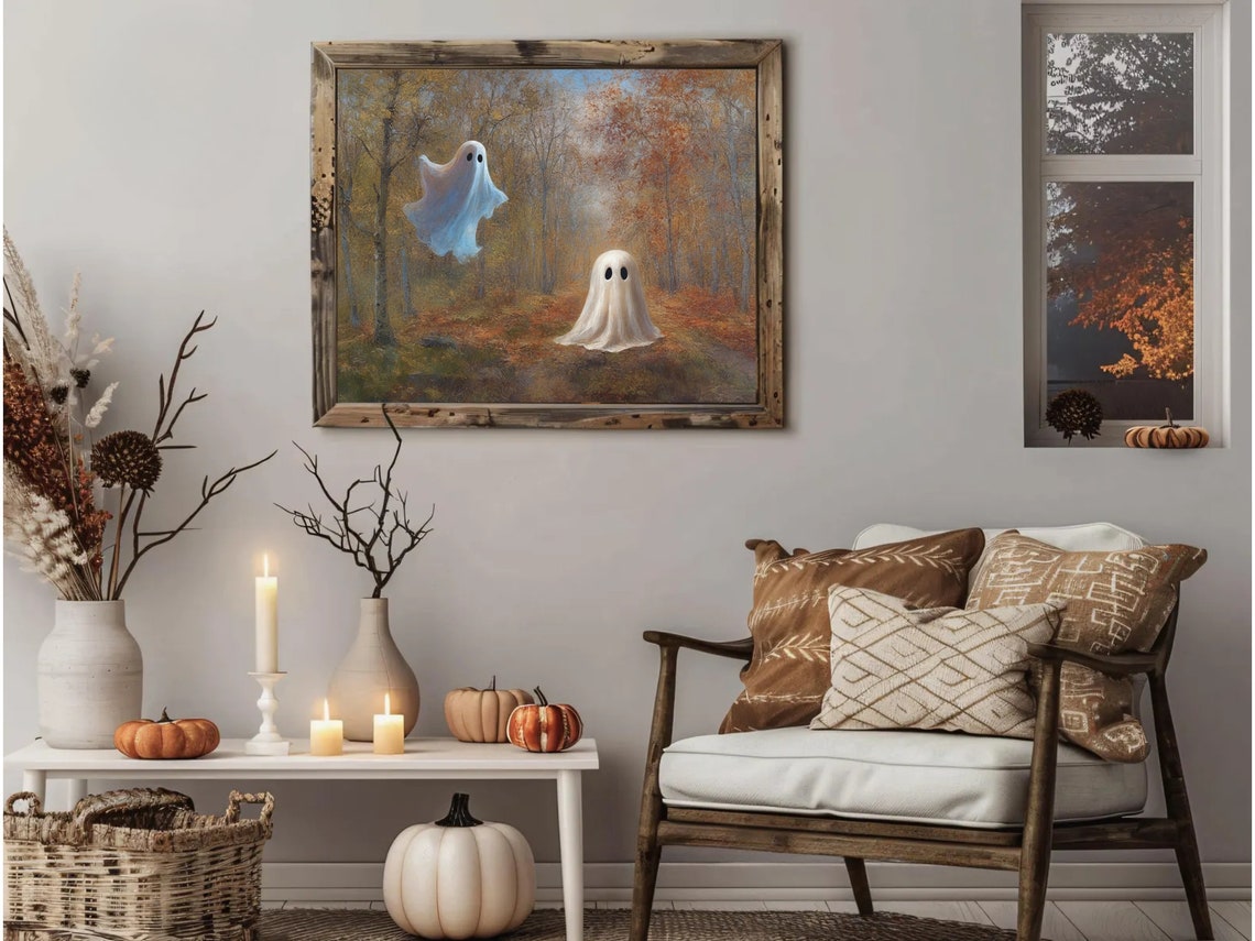 Two Ghosts In Golden Autumn Forest Vintage Spooky Fall Art Poster - Image 2