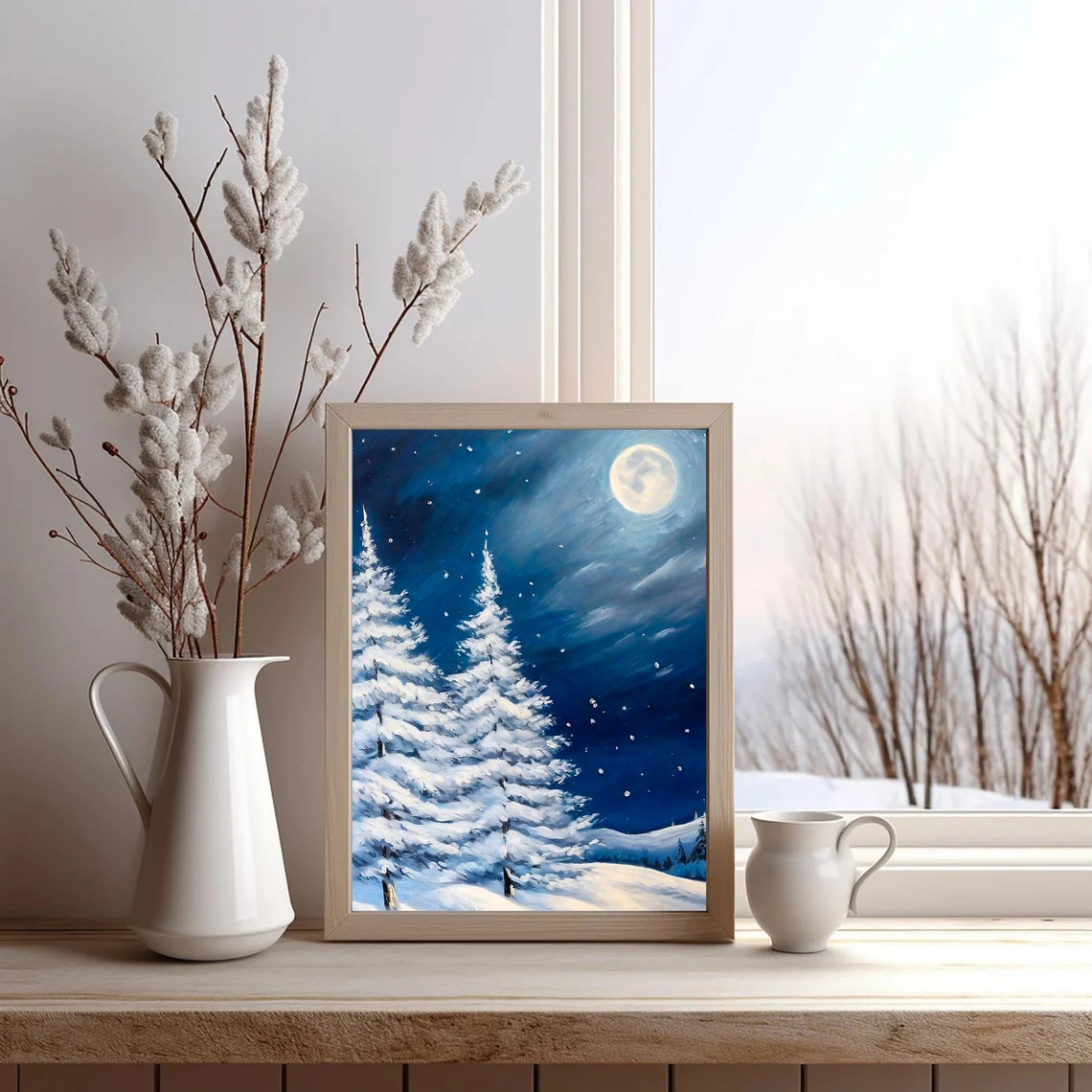 Full Moon Snowy Pines Night Sky Falling Snow Serene Winter Poster - Image 2