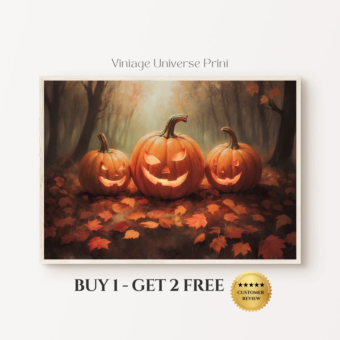Three Glowing Jack O Lanterns In Misty Autumn Forest Halloween Painting Poster