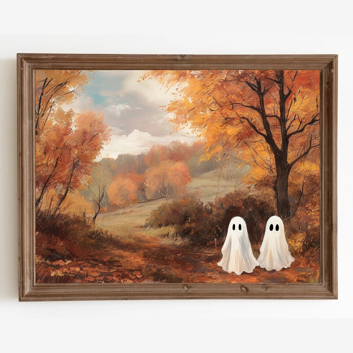 Two Cute Ghosts Strolling A Moody Autumn Forest Trail Vintage Painting Wall Art - Image 4