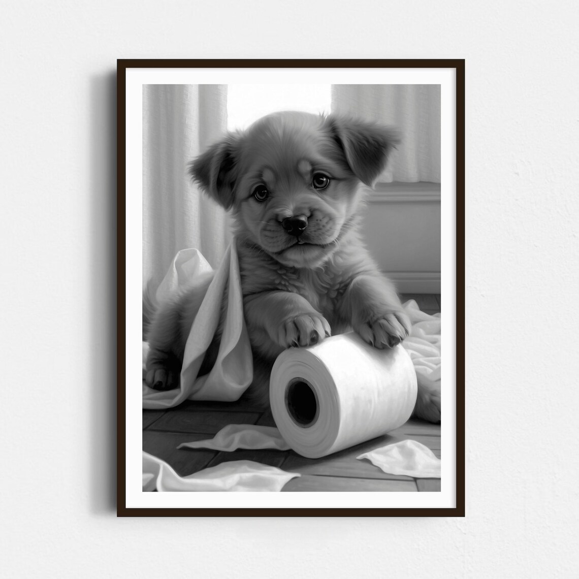Playful Puppy With A Toilet Paper Roll Black And White Poster - Image 4
