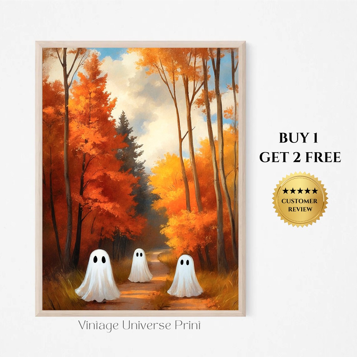 Three Cute Ghosts Wandering A Fiery Orange Autumn Forest Path Vintage Art Print