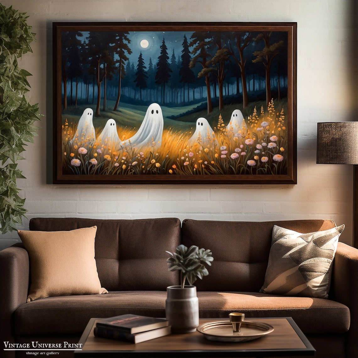 Five Ghosts In A Moonlit Meadow Among Wildflowers Night Poster - Image 2