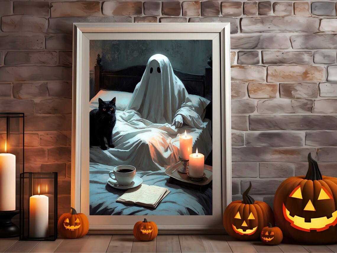 Ghost Waking Up In Bed With A Black Cat Coffee And Candles Cozy Halloween Print - Image 3