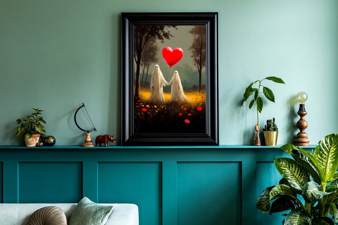 Two Ghosts In Love Holding A Red Heart Balloon In A Wildflower Field Art Print - Image 3