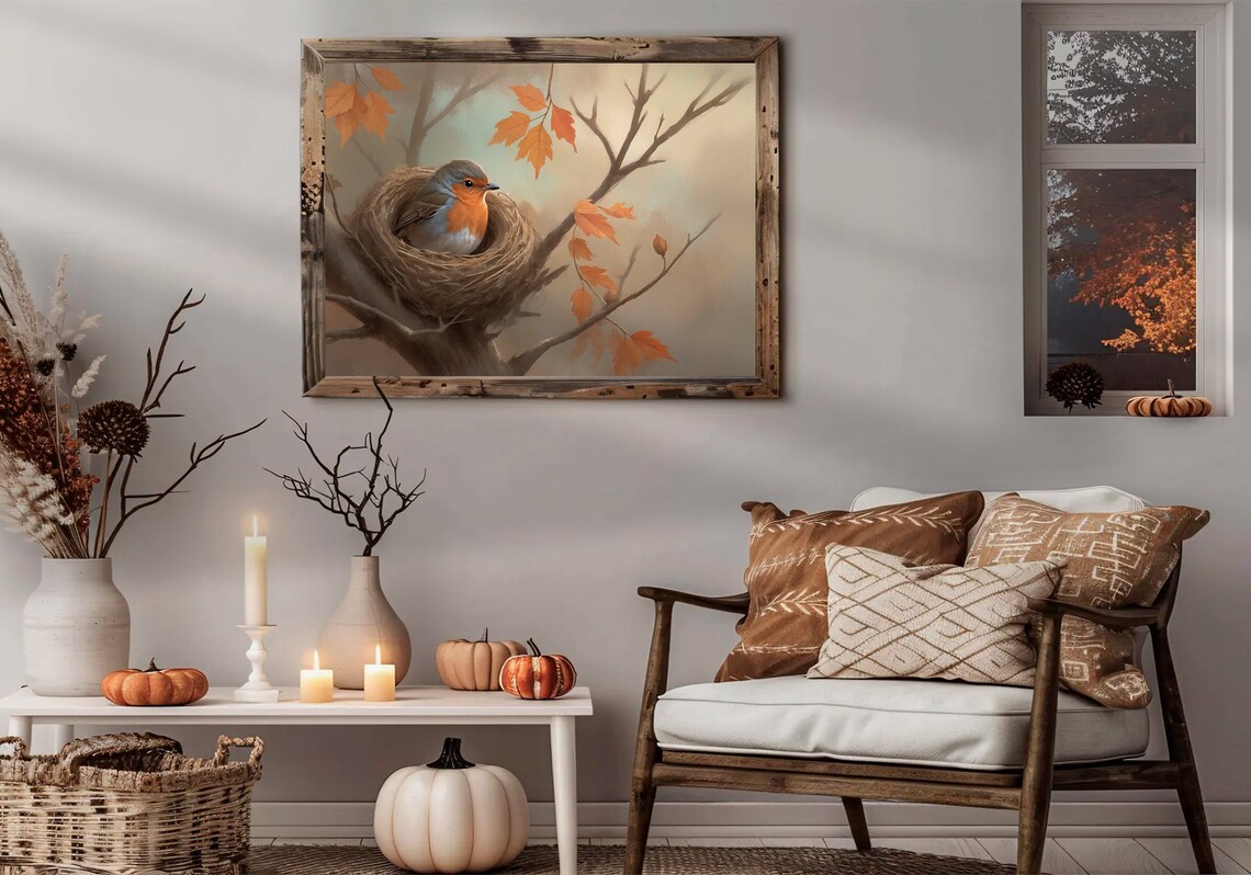 Robin Bird In Nest With Orange Autumn Leaves Vintage Bird Poster - Image 2