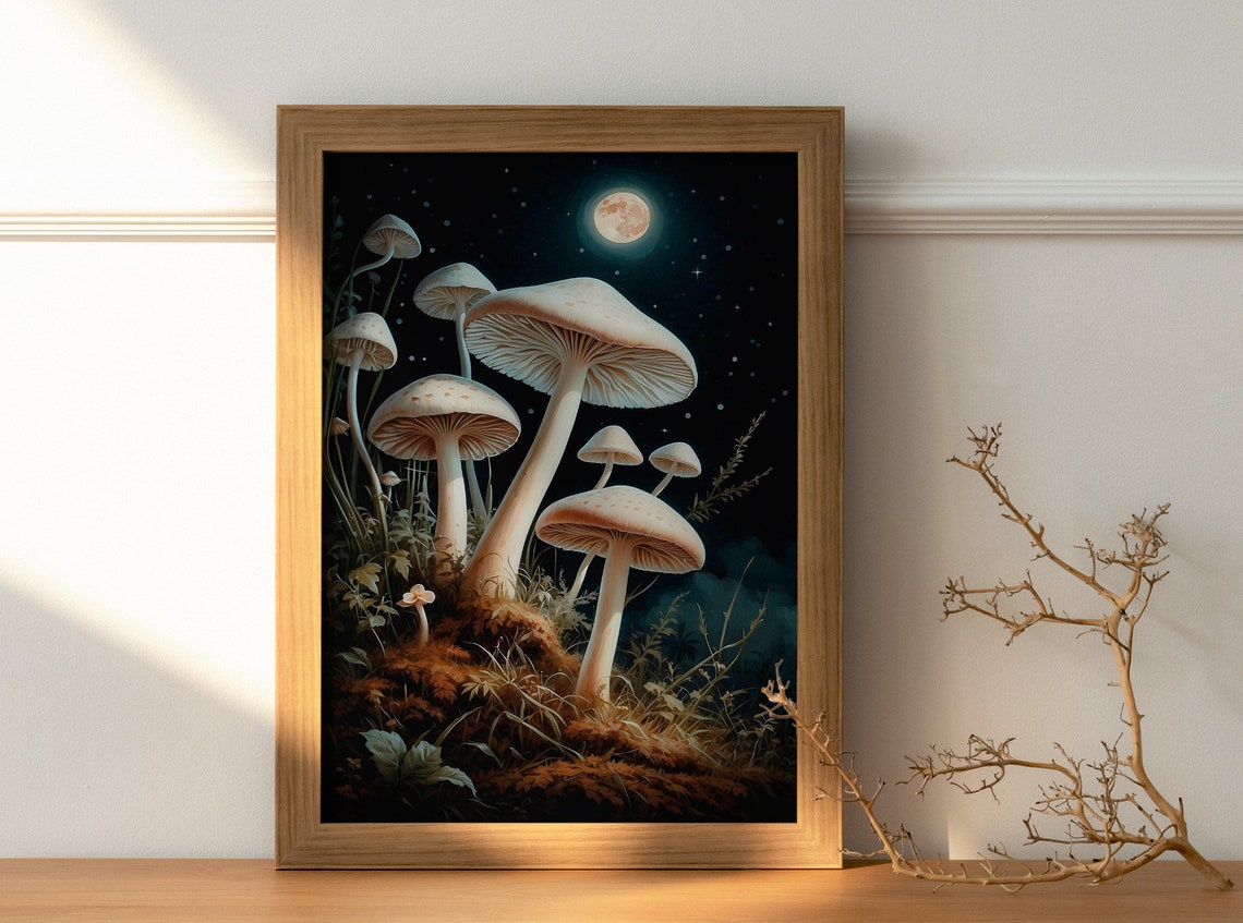 Giant White Mushrooms Under a Glowing Full Moon Starry Night Art Print - Image 5