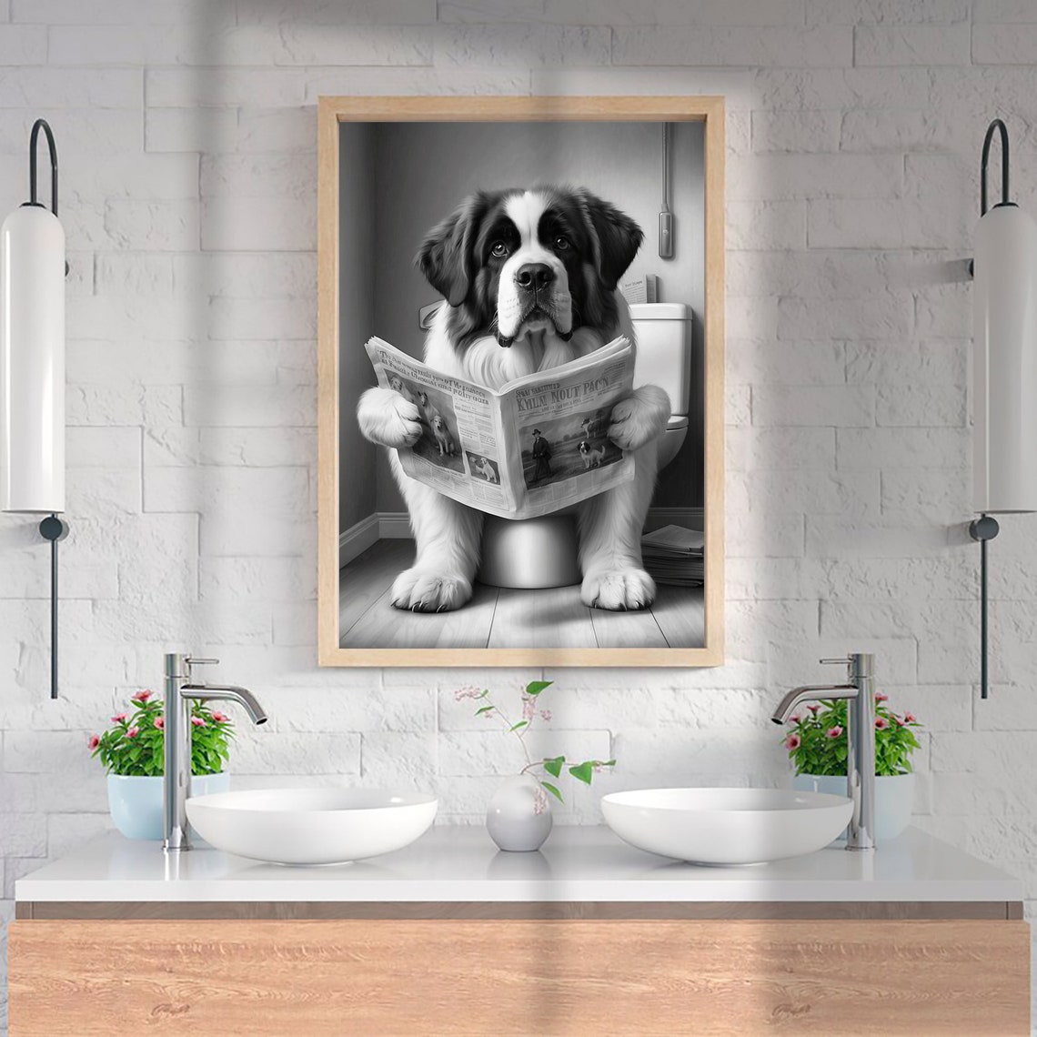 Saint Bernard Reading A Newspaper On The Toilet Funny Dog Poster - Image 2