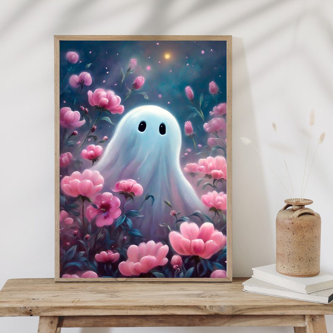 Cute Ghost Among Pink Flowers Under A Moonlit Night Sky Poster - Image 2