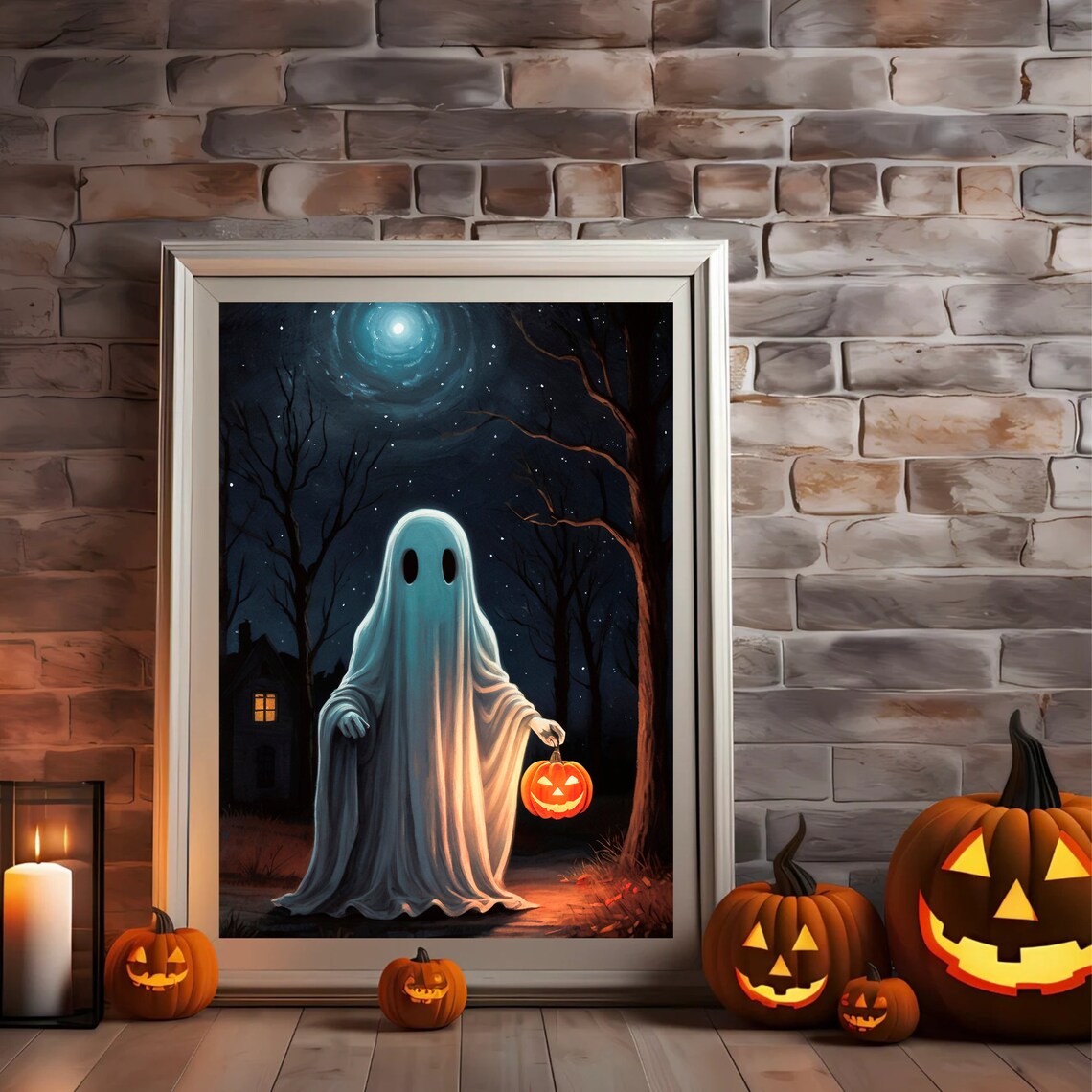Ghost With A Jack O Lantern On A Spooky Moonlit Night In The Woods Art Print - Image 4
