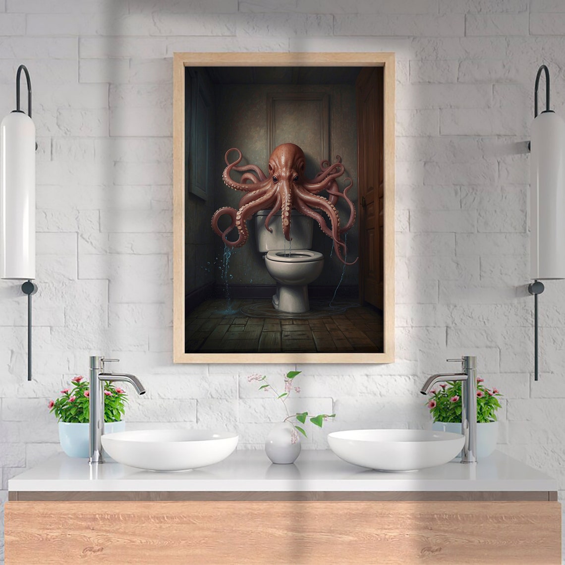 Red Octopus Sitting On Toilet Tank Dark Moody Bathroom Poster - Image 4