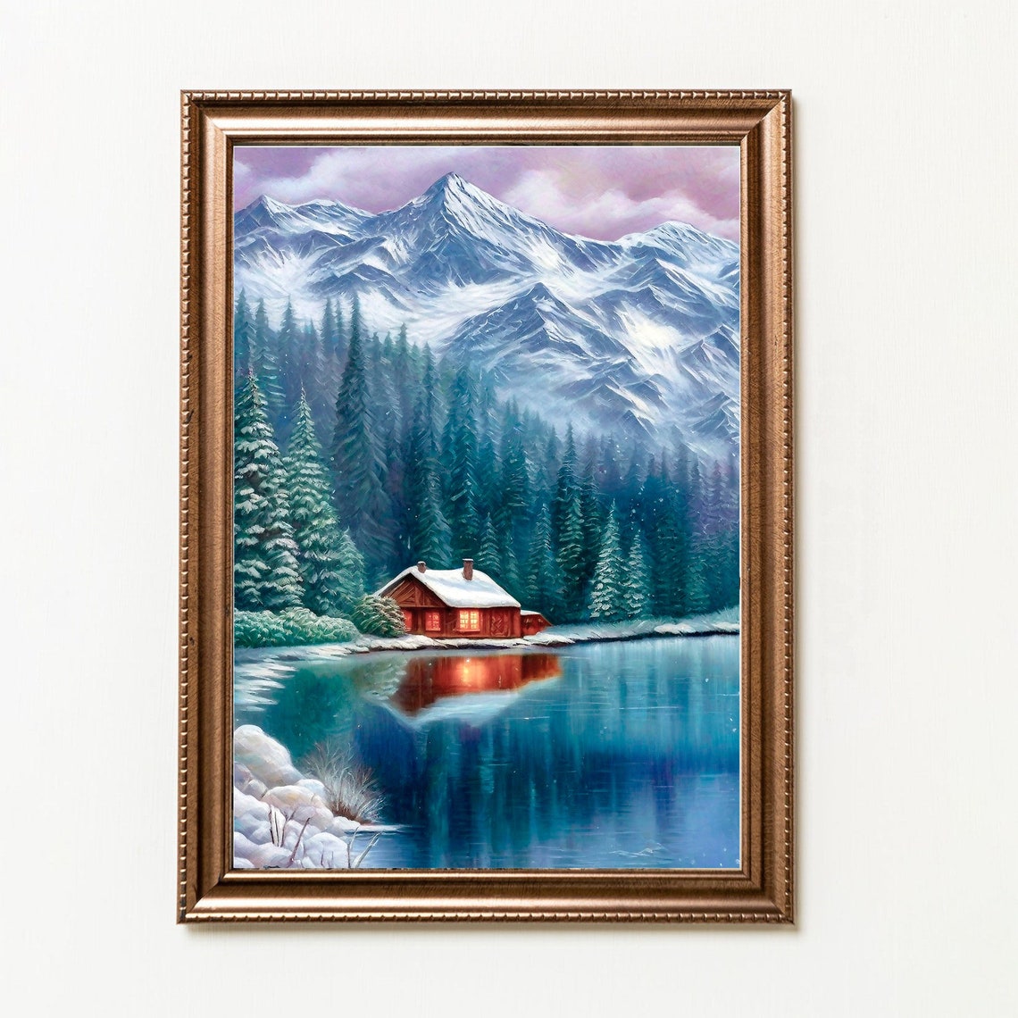 Snowy Mountain Cabin Glowing Lake Reflection Winter Forest Poster - Image 4