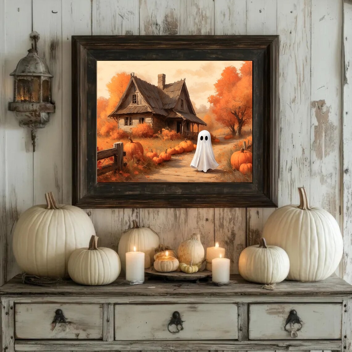 Little Sheet Ghost Beside Pumpkins At A Rustic Autumn Cabin Vintage Halloween Poster - Image 2