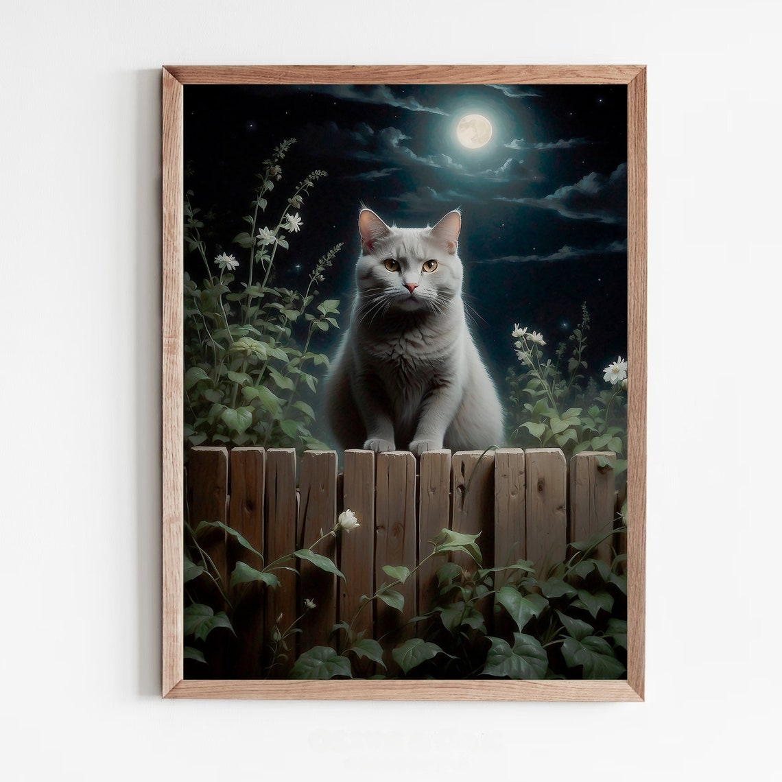 White Cat on a Wooden Fence Under a Moonlit Night Sky Art Print - Image 5