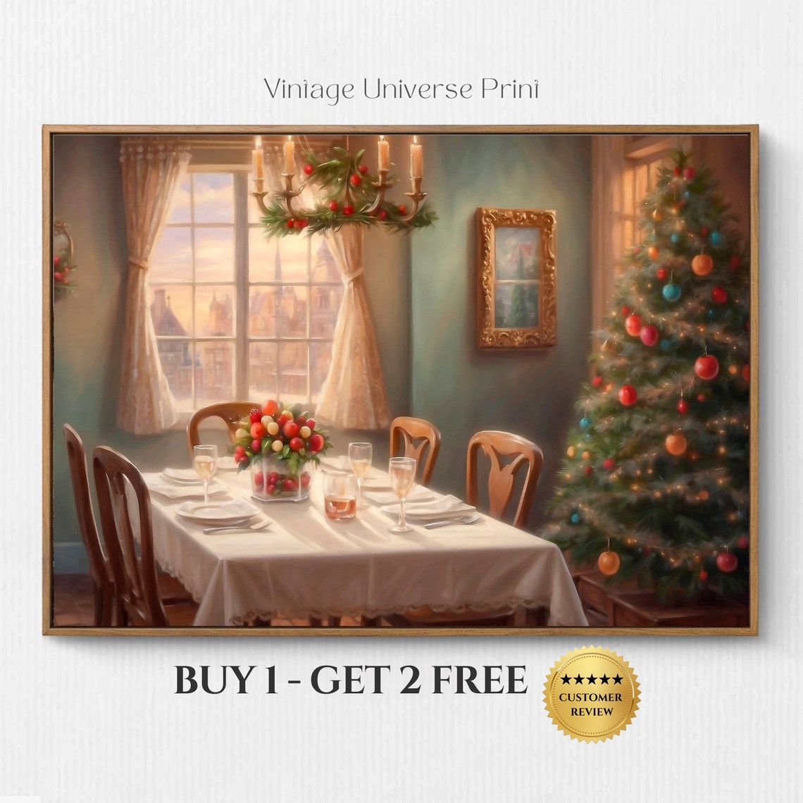 Cozy Christmas Dining Room with Tree and Holiday Table Setting Poster