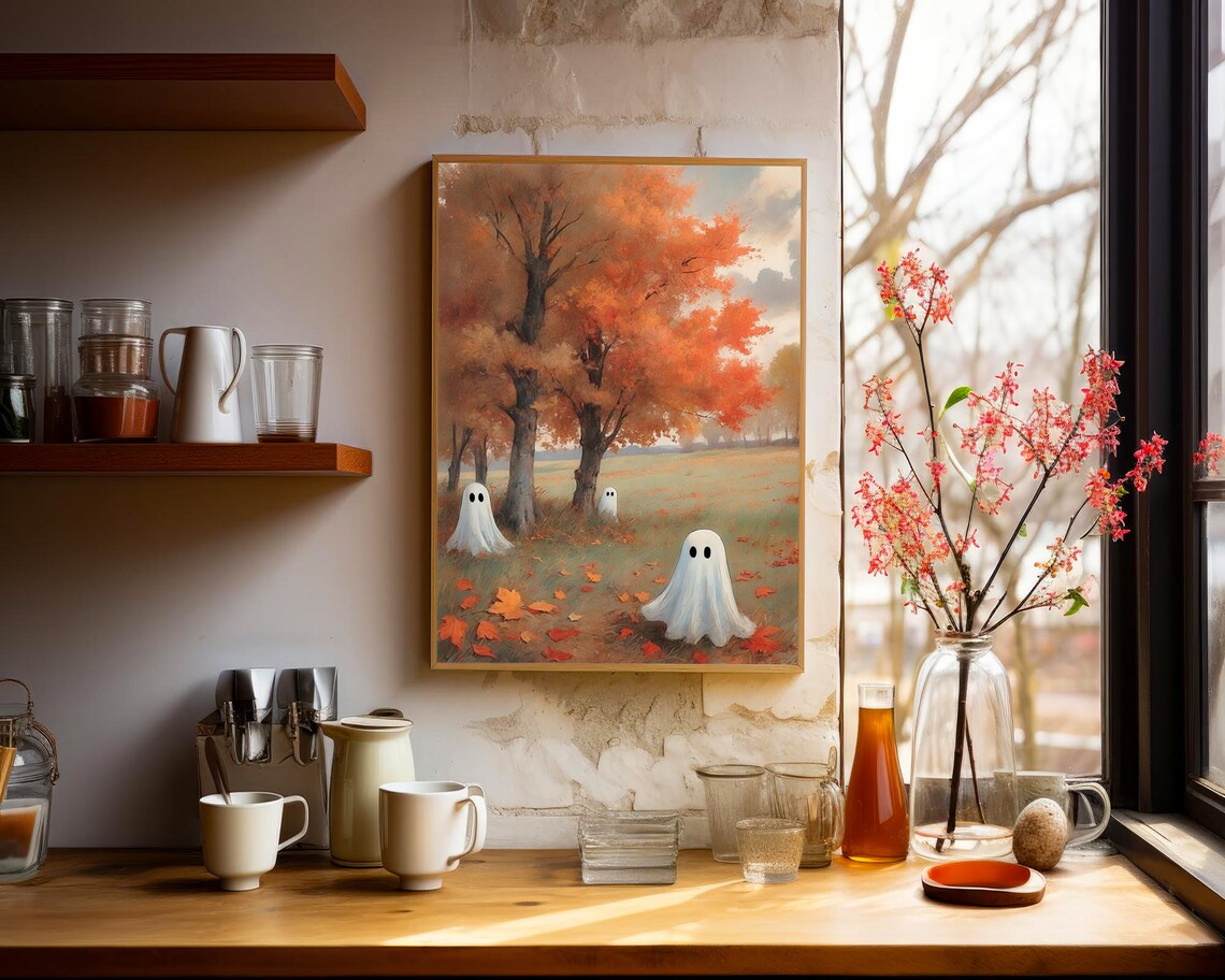 Three Little Ghosts Playing In A Golden Autumn Meadow Vintage Painting Wall Art - Image 4
