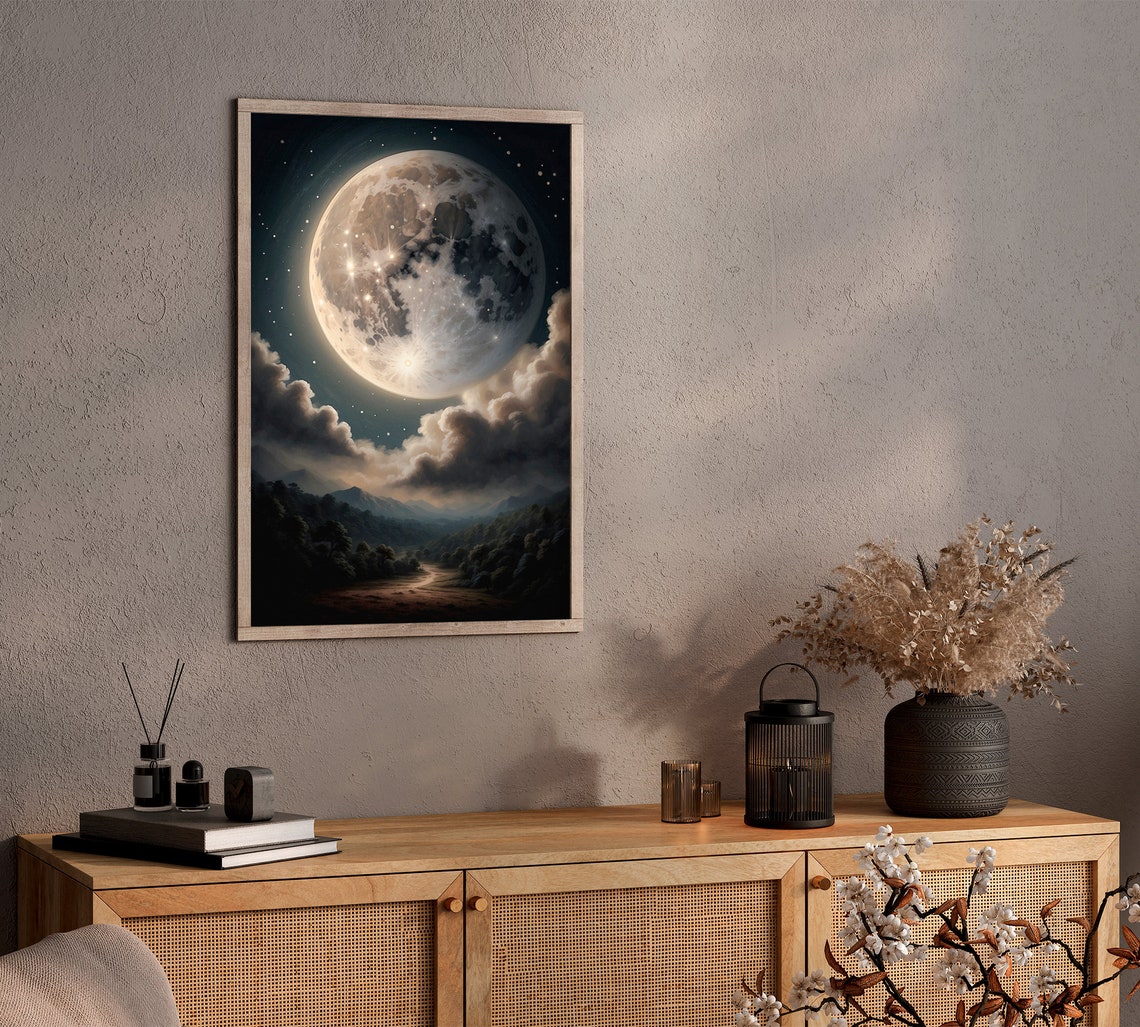 Giant Full Moon Over Mountains with Clouds and a Moonlit Valley Poster - Image 4