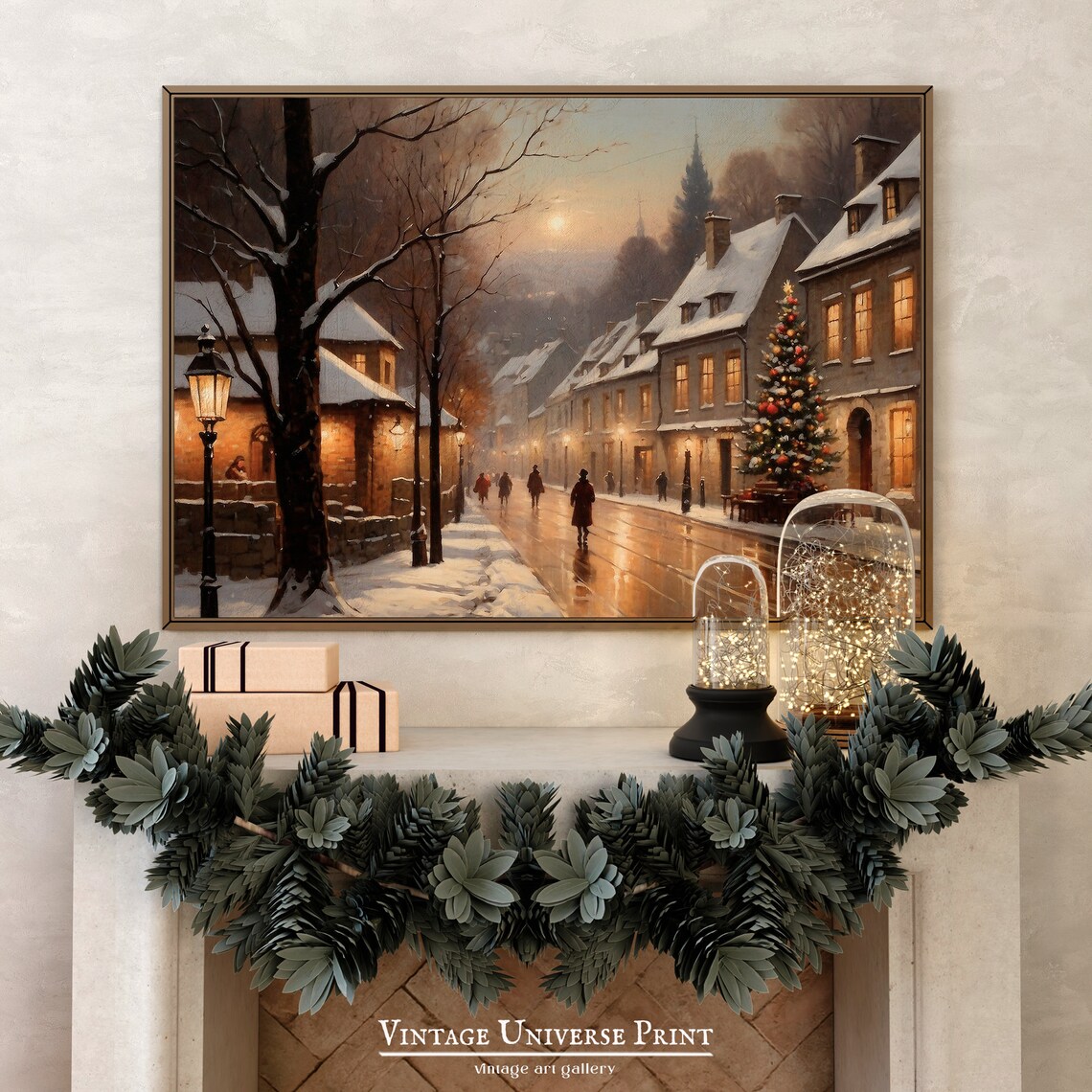 Snowy Village Street Christmas Tree Glowing Dusk Winter Poster - Image 2