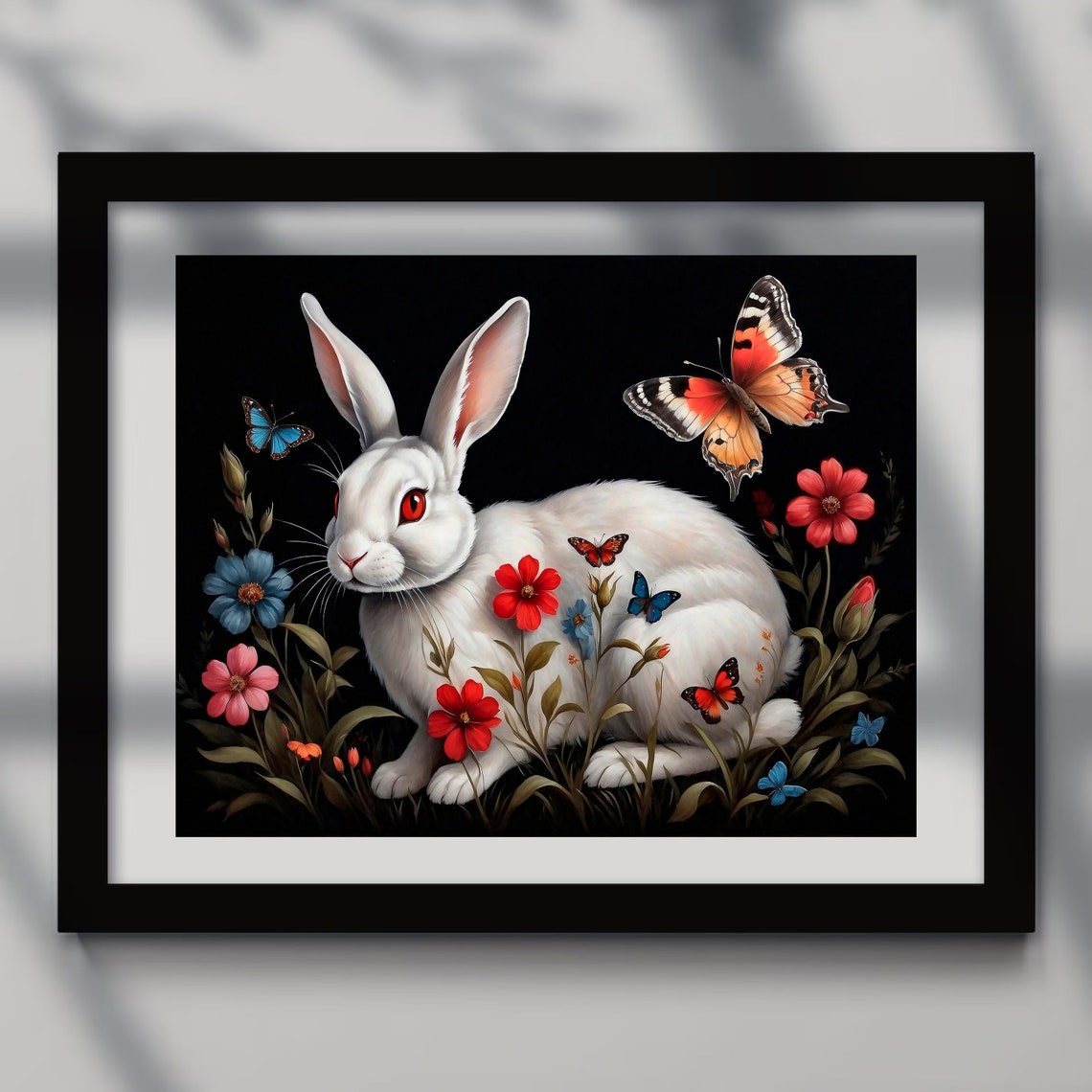 White Rabbit with Colorful Butterflies Dark Floral Art Poster - Image 5