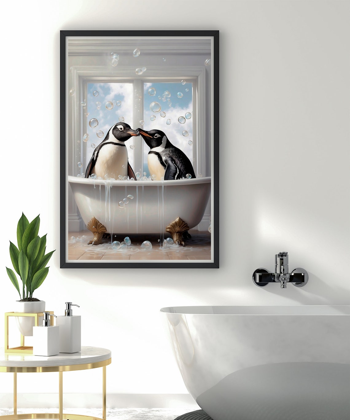 Two Penguins Sharing a Bubble Bath in a Vintage Tub Art Print - Image 3