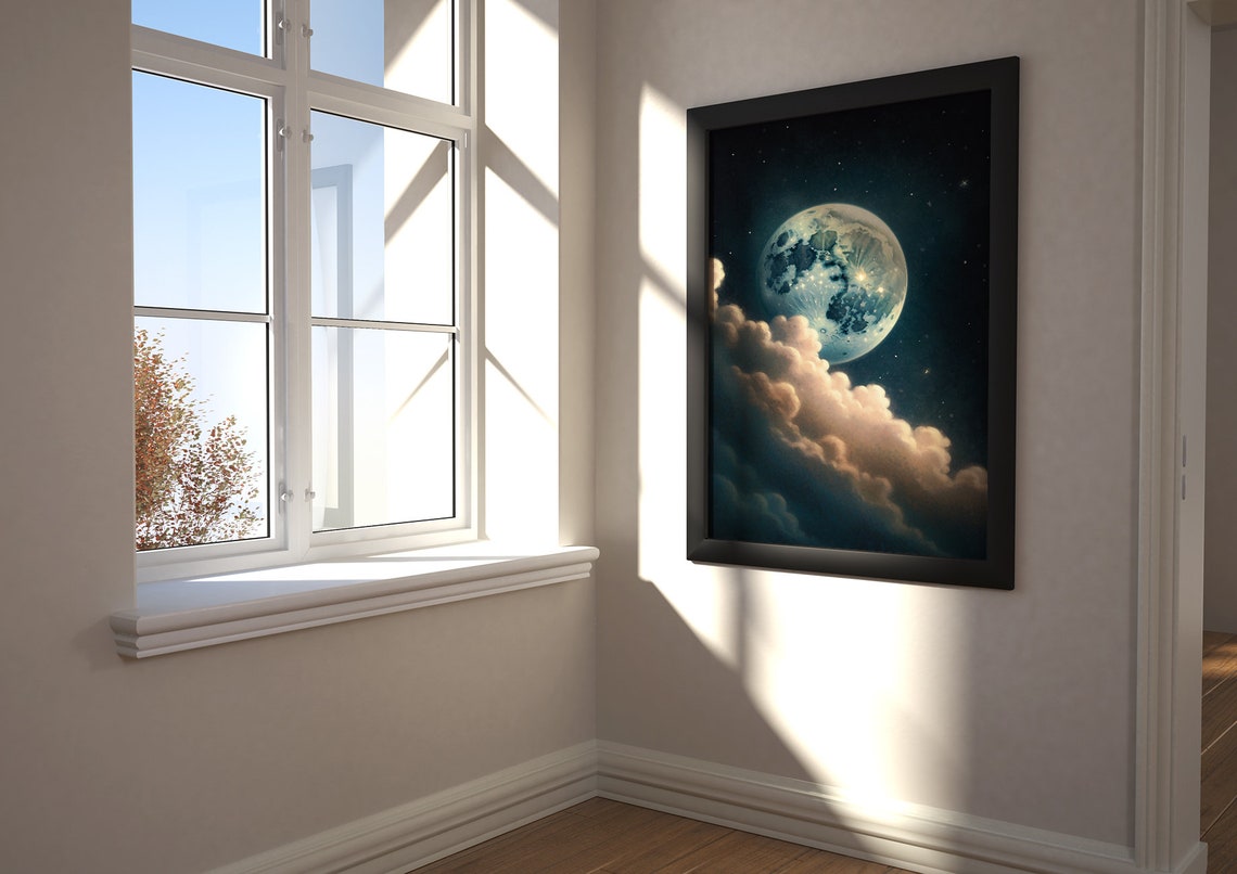 Full Moon Behind Night Clouds Under a Teal Starry Sky Wall Art - Image 3