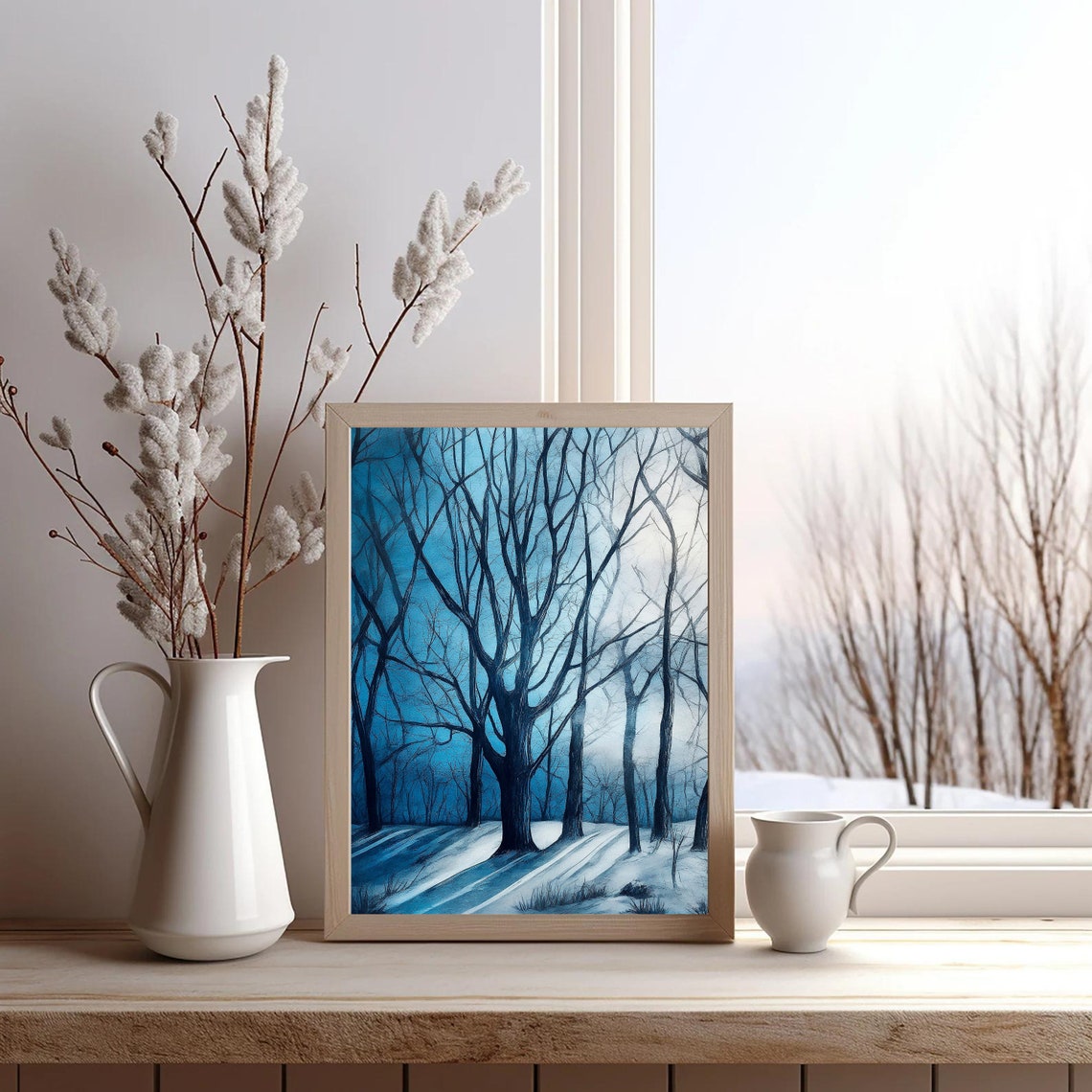 Bare Trees Blue Winter Sky Snowy Ground Moody Woodland Poster - Image 2