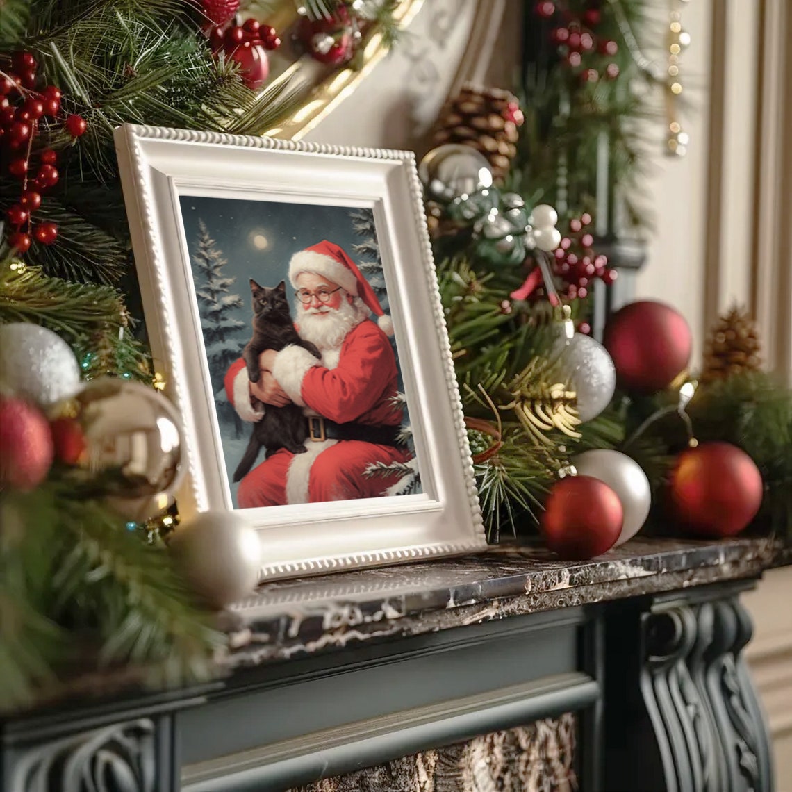 Santa Claus And Black Cat Vintage Painting Christmas Oil Painting Christmas Wall Art Retro Christmas Poster Winter Print Noel Art Print - Image 3