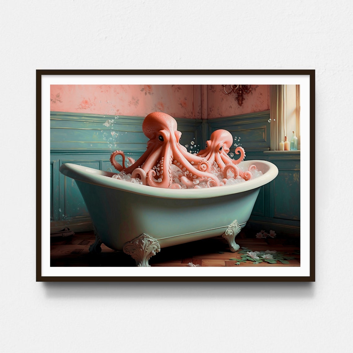 Two Pink Octopuses Bathing in a Vintage Clawfoot Tub Art Print - Image 5
