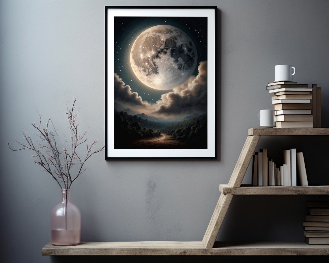 Giant Full Moon Over Mountains with Clouds and a Moonlit Valley Poster - Image 2