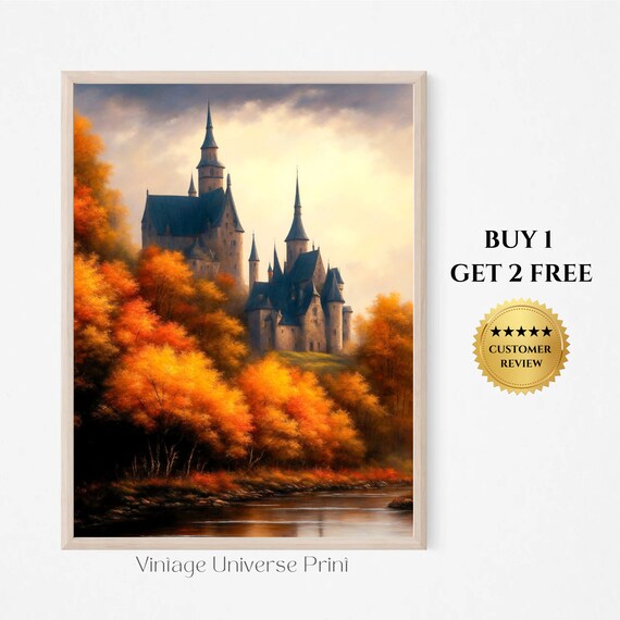 Fairytale Castle Above Autumn Forest River Golden Fall Poster