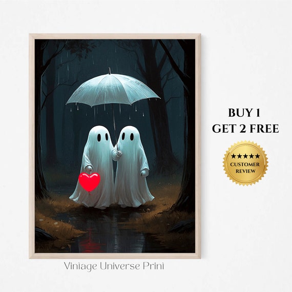 Cute Ghosts In The Rain Print Ghost With The Umbrella In The Forest Spooky Cute Ghosts Fall Wall Art Halloween Decor 142