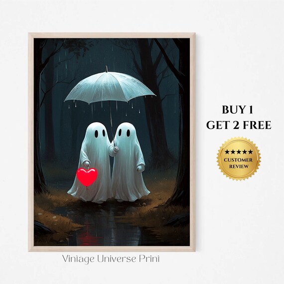 Two Ghosts Sharing An Umbrella In The Rain With A Red Heart Halloween Art Print