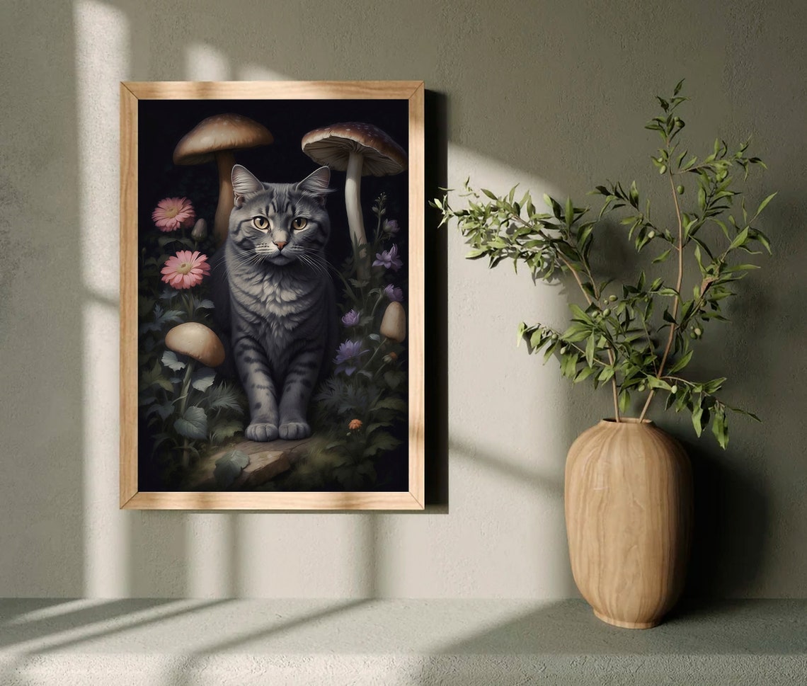 Gray Tabby Cat Among Mushrooms and Flowers at Night Art Print - Image 4
