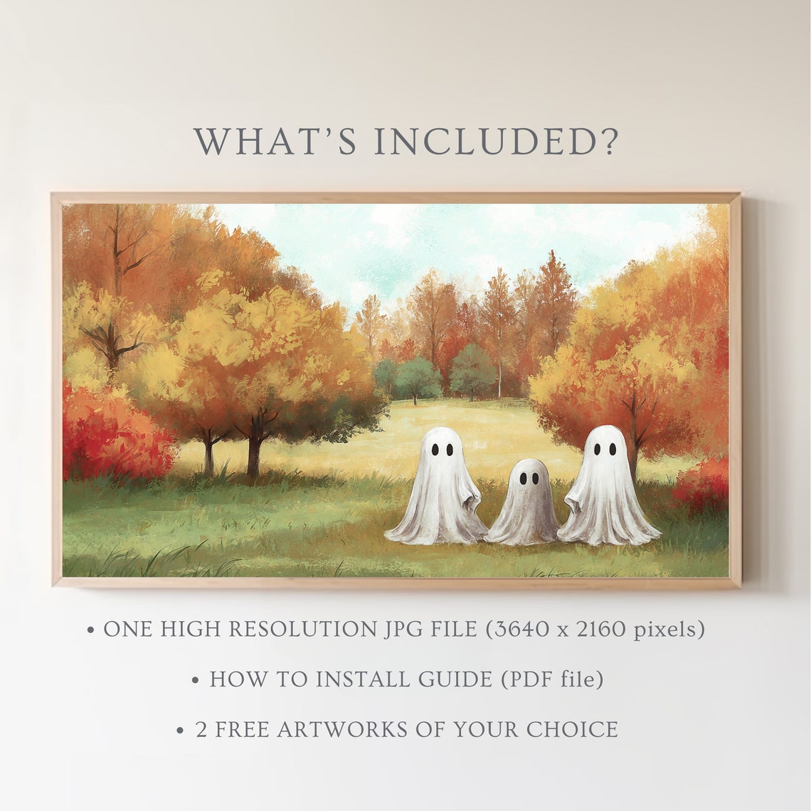 Three Cute Ghosts In Colorful Autumn Meadow Fall Halloween Poster - Image 5