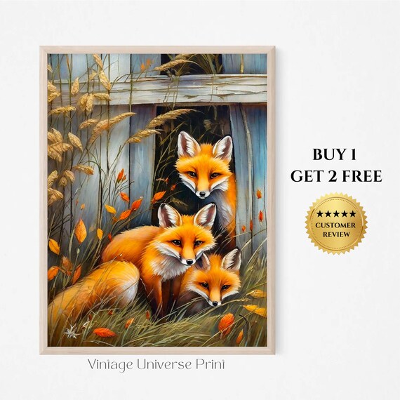 Red Fox Family In Autumn Grass By A Weathered Wooden Fence Print