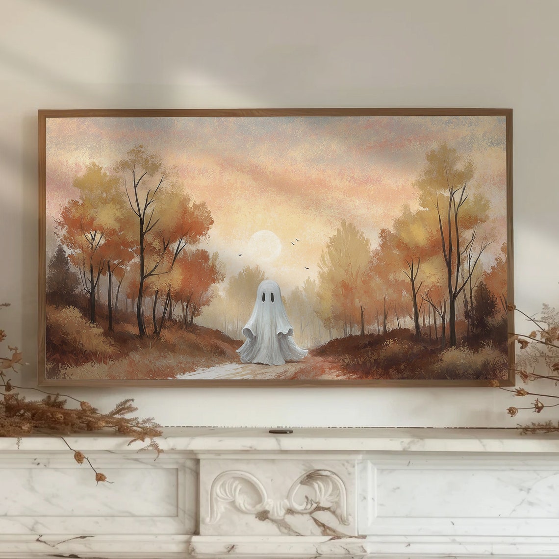 Lonely Ghost In Autumn Woods Under Moon Vintage Halloween Poster - Image 3
