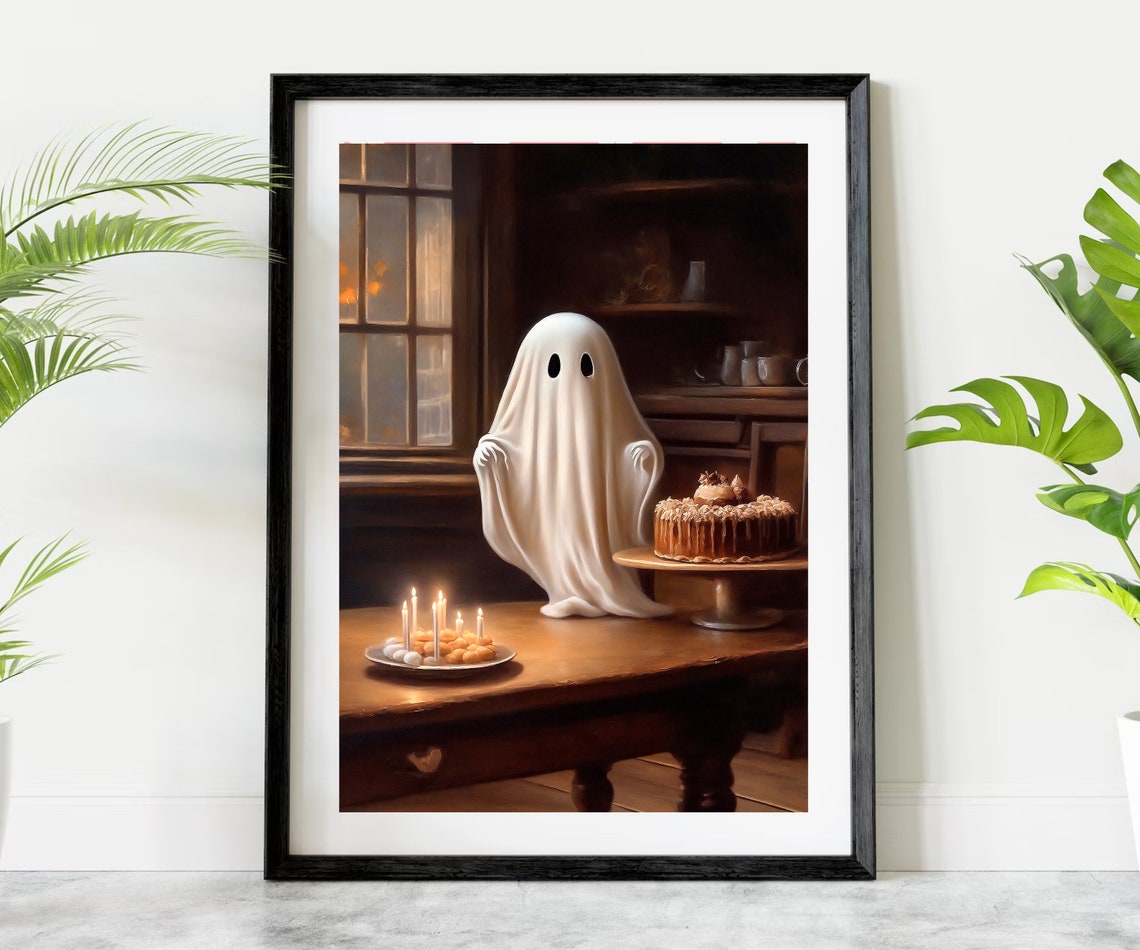 Cute Ghost In Bakery Vintage Painting Ghost Wall Art Cottagecore Artwork Dark Academia Print Halloween Wall Art Ghost Art - Image 4