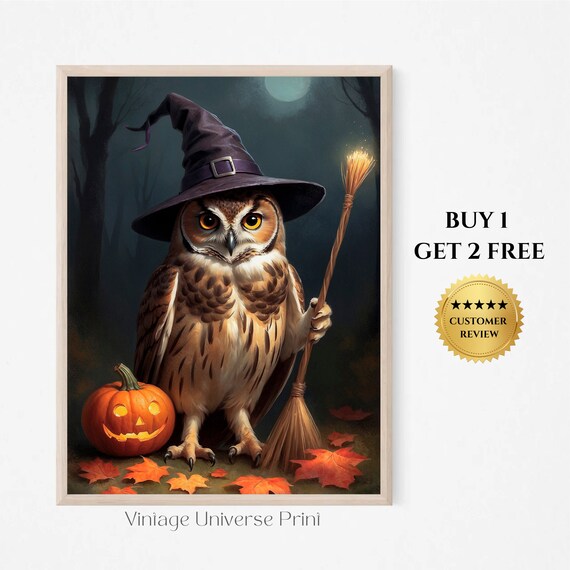 Cute Owl In Witch Hat With Broom And Jack O Lantern Halloween Painting Poster