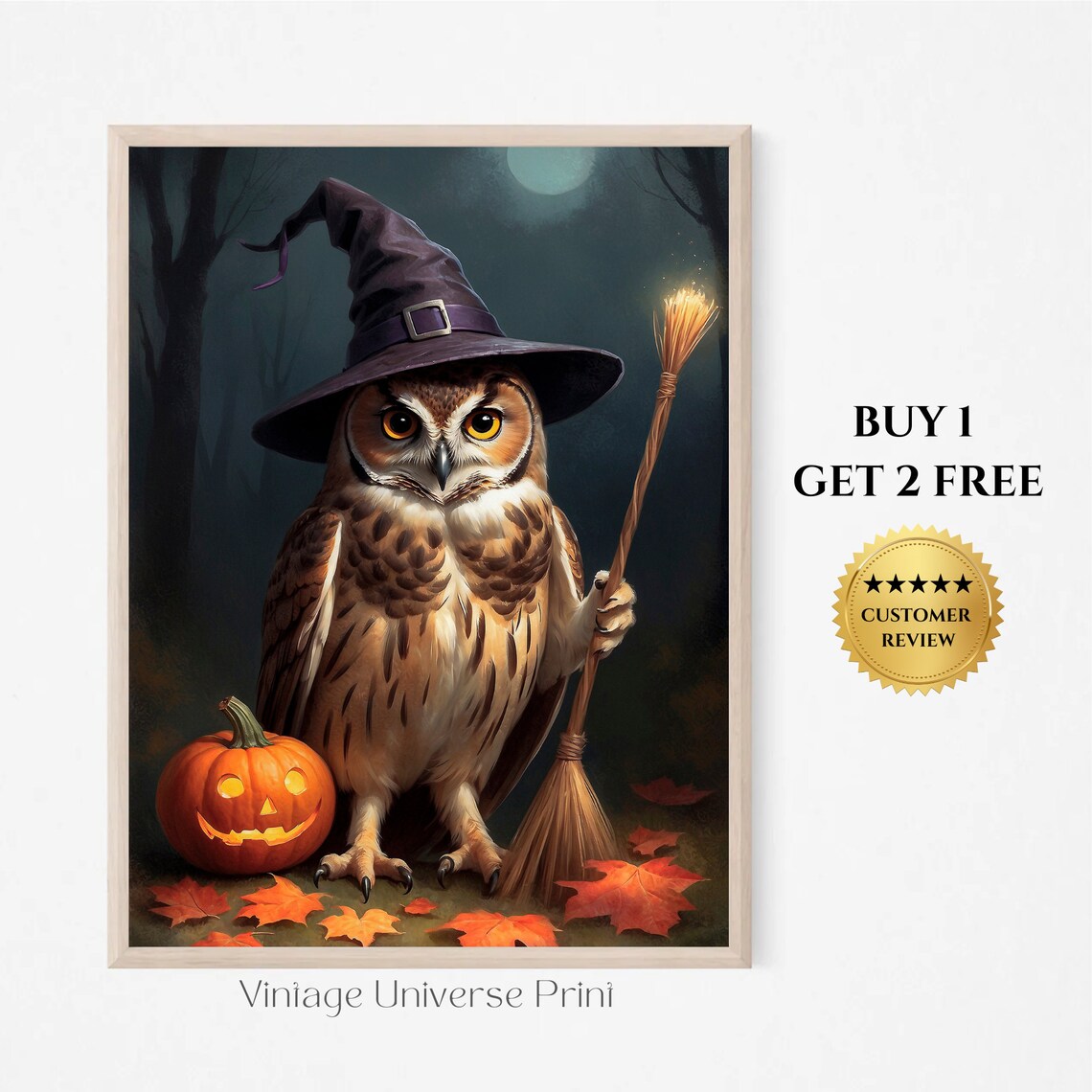 Cute Owl In Witch Hat With Broom And Jack O Lantern Halloween Painting Poster