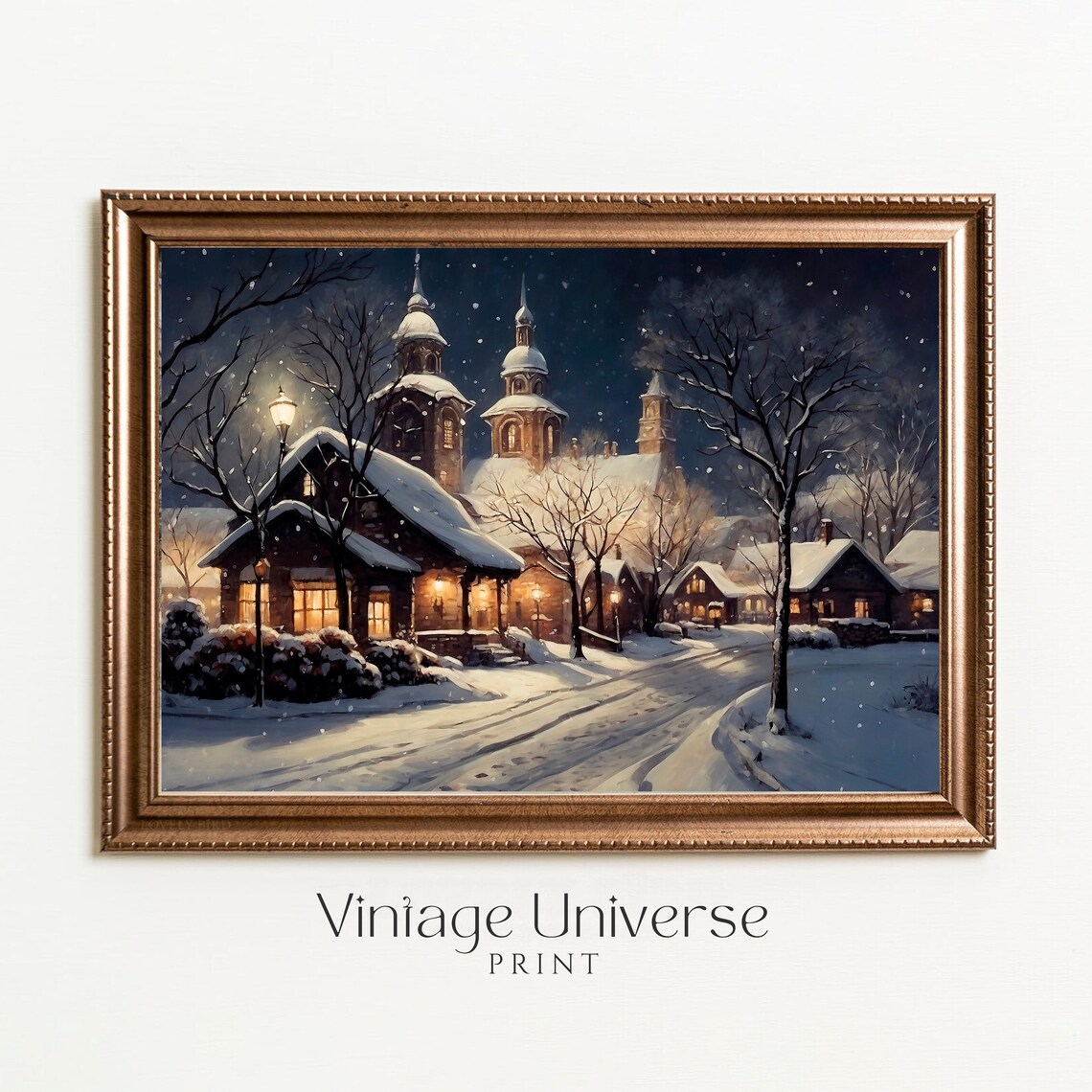 Snowy Village Night Glowing Church Falling Snow Winter Street Poster - Image 5