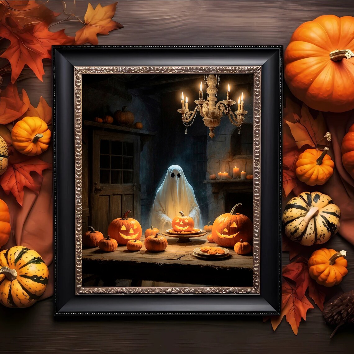 Ghost Behind A Table Of Jack O Lanterns And Pumpkin Pie In A Stone Cottage Print - Image 4