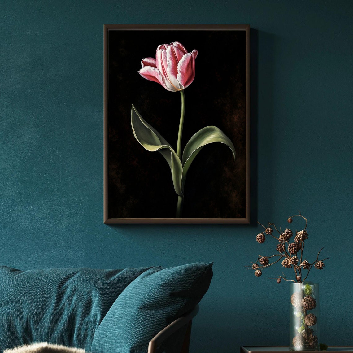 Pink Tulip Single Stem on Dark Ground Vintage Botanical Poster - Image 4