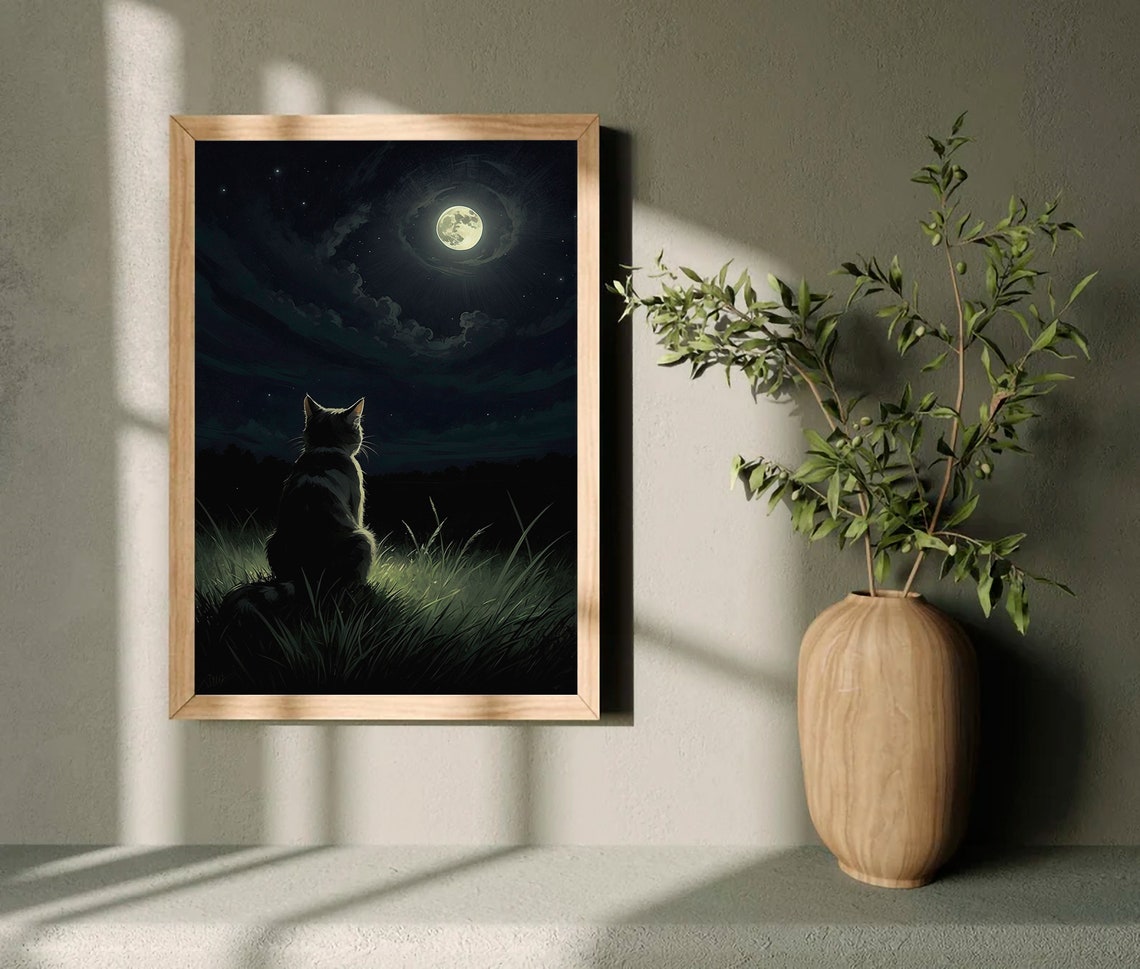 Cat Silhouette Watching the Full Moon Rise Over Tall Grass Art Print - Image 3