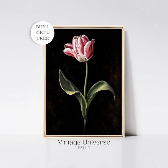 Moody Tulip Flower Print Dark Flower Print Moody Floral Painting Botanical Wall Art Vintage Botanical Flower Artwork