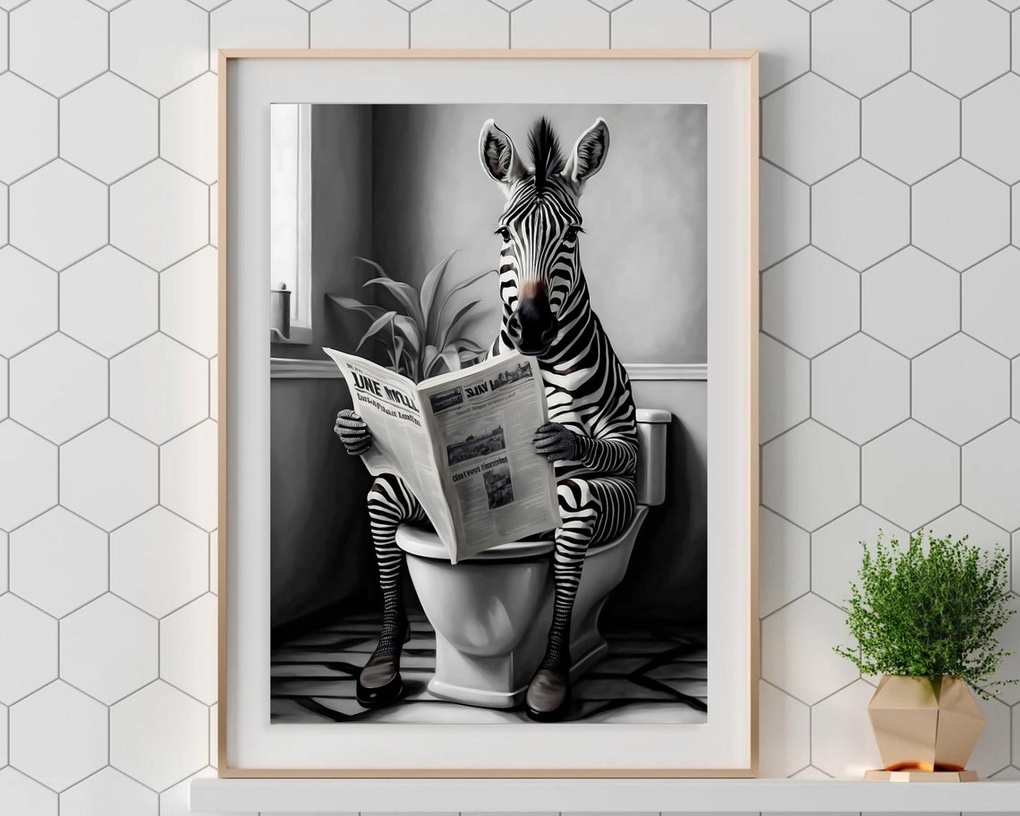 Zebra Reading Newspaper On The Toilet Black And White Poster - Image 5