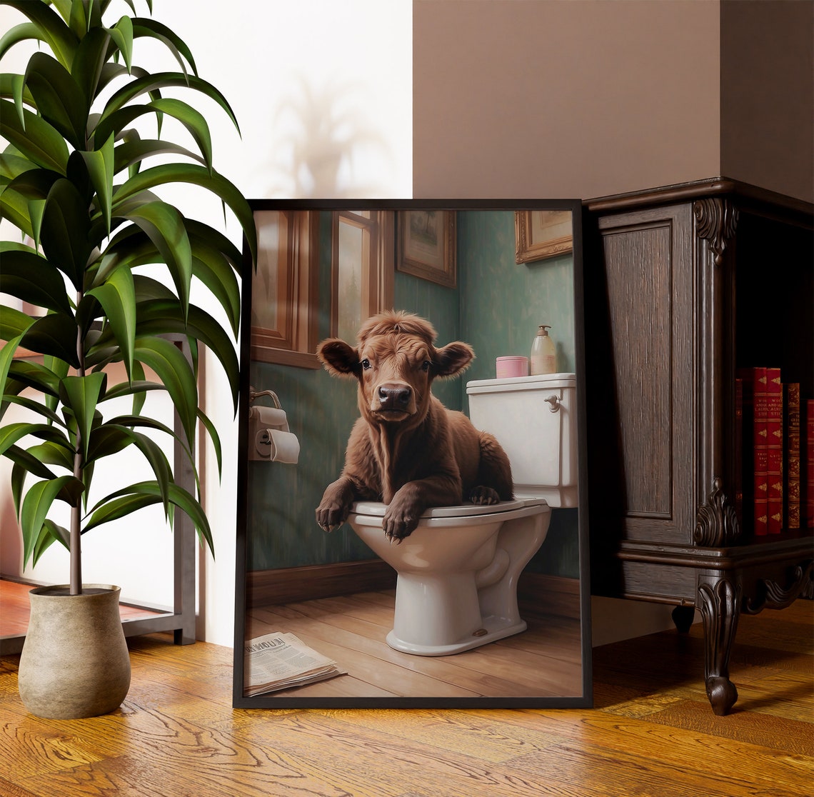 Cute Brown Calf Sitting On A Toilet Funny Farm Animal Poster - Image 3