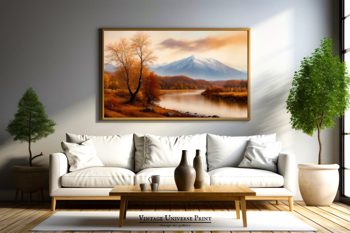 Autumn River Valley Snowy Mountain Vintage Oil Painting Poster - Image 3